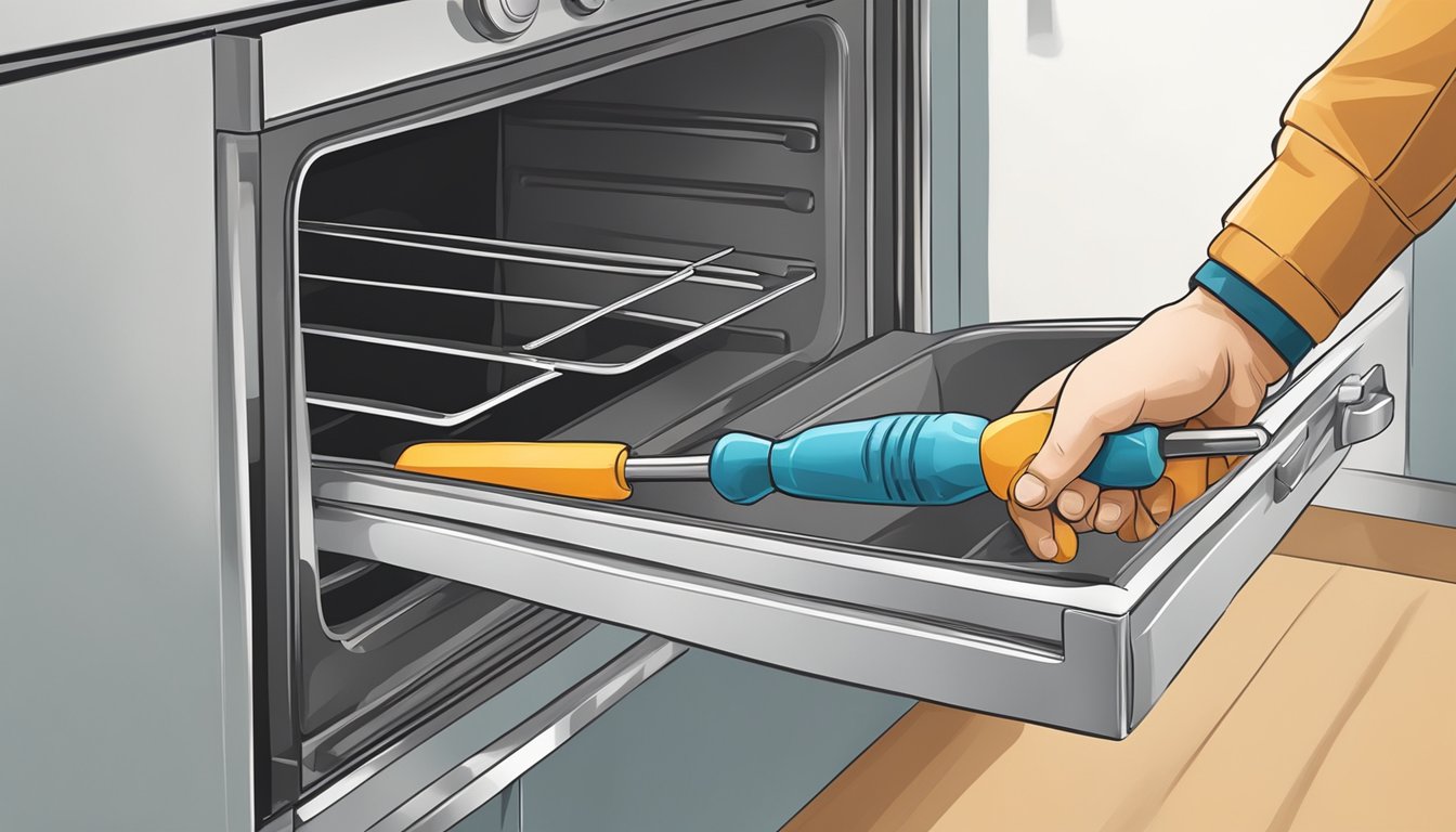 A hand holding a screwdriver tightens a loose oven door handle