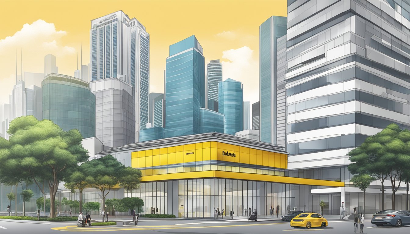A modern, sleek bank building stands tall against a backdrop of other banks, symbolizing Maybank's status in the competitive home renovation loan market in Singapore