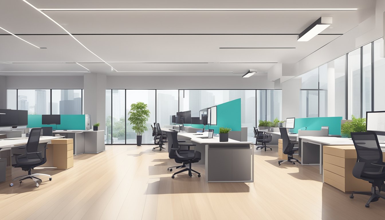 A modern office with a sleek, minimalist design. A sign reads "Additional Services and Support DBS Renovation Loan Status Singapore." The space is bright and inviting, with clean lines and contemporary furniture