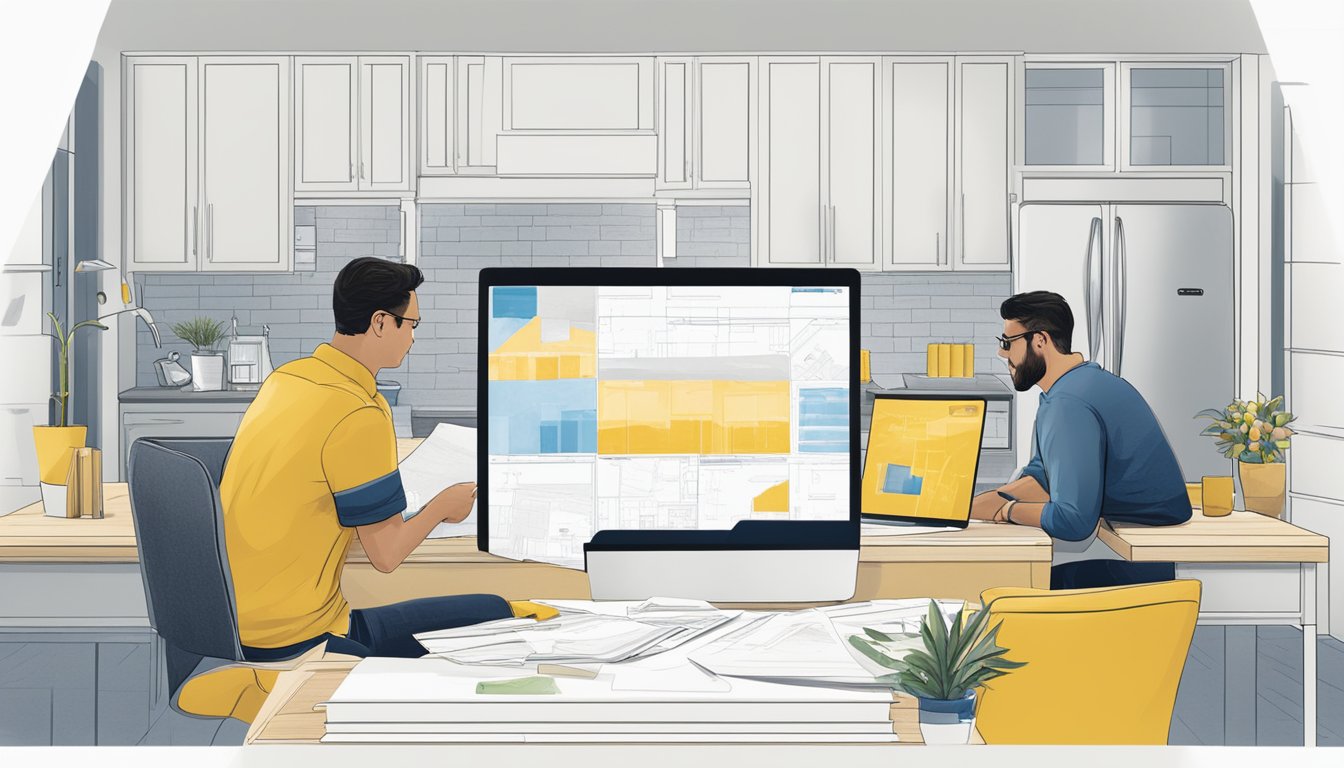 A couple reviews their renovation loan status online, surrounded by blueprints and design samples. The Maybank logo is visible on their computer screen