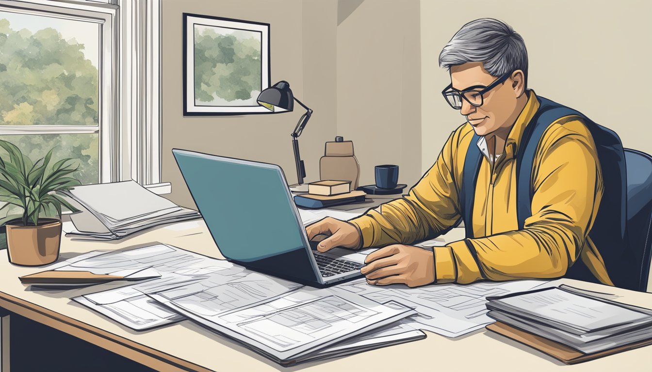 A homeowner sits at a desk reviewing paperwork for a home renovation loan. A laptop and calculator are nearby, indicating careful financial planning