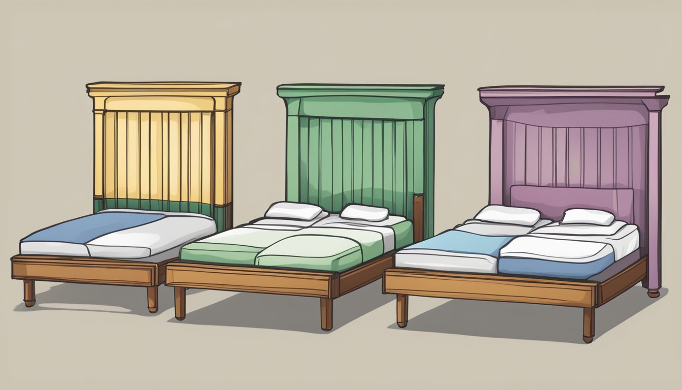 A lineup of beds in varying sizes, labeled "single," "double," "queen," and "king," with question marks above each one