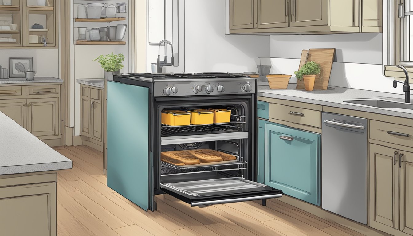 An open built-in oven with a damaged heating element, a toolbox nearby, and a person reading a manual