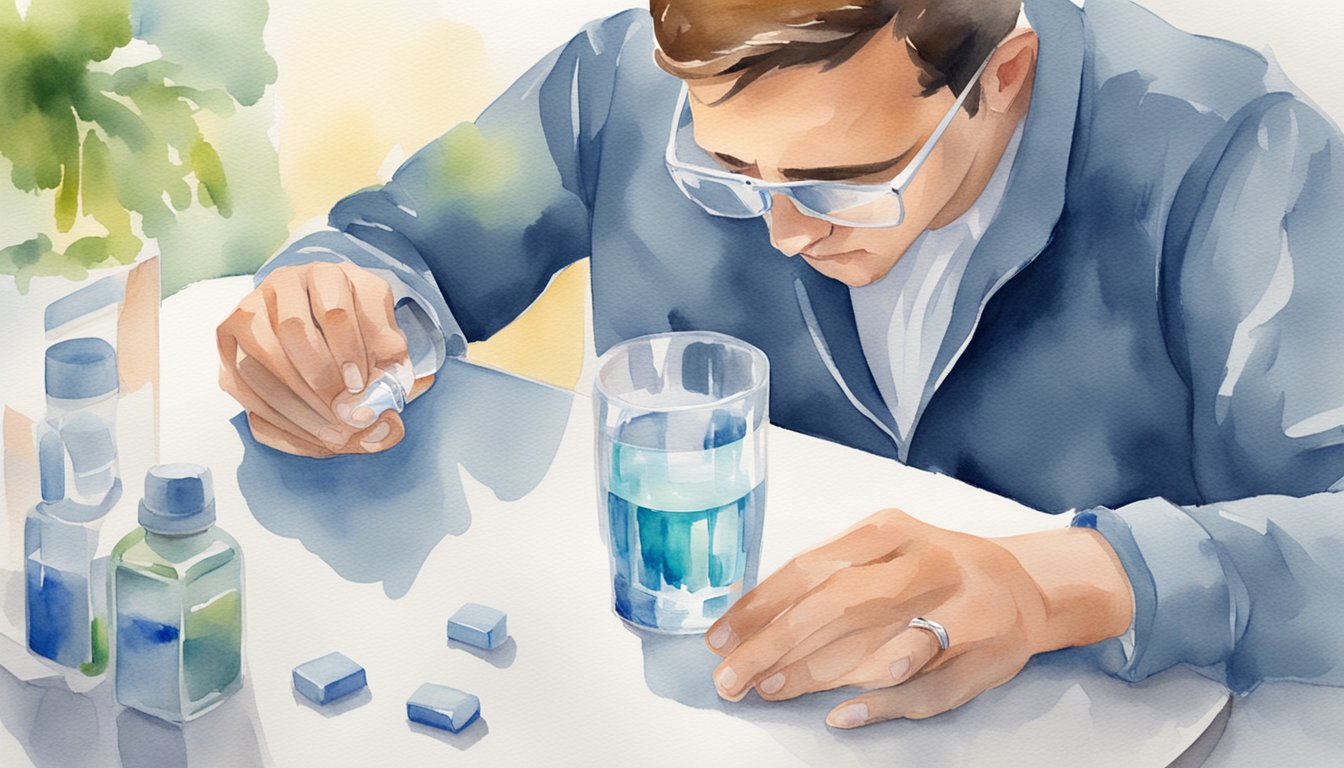 A person taking levothyroxine with a glass of water, while monitoring for side effects