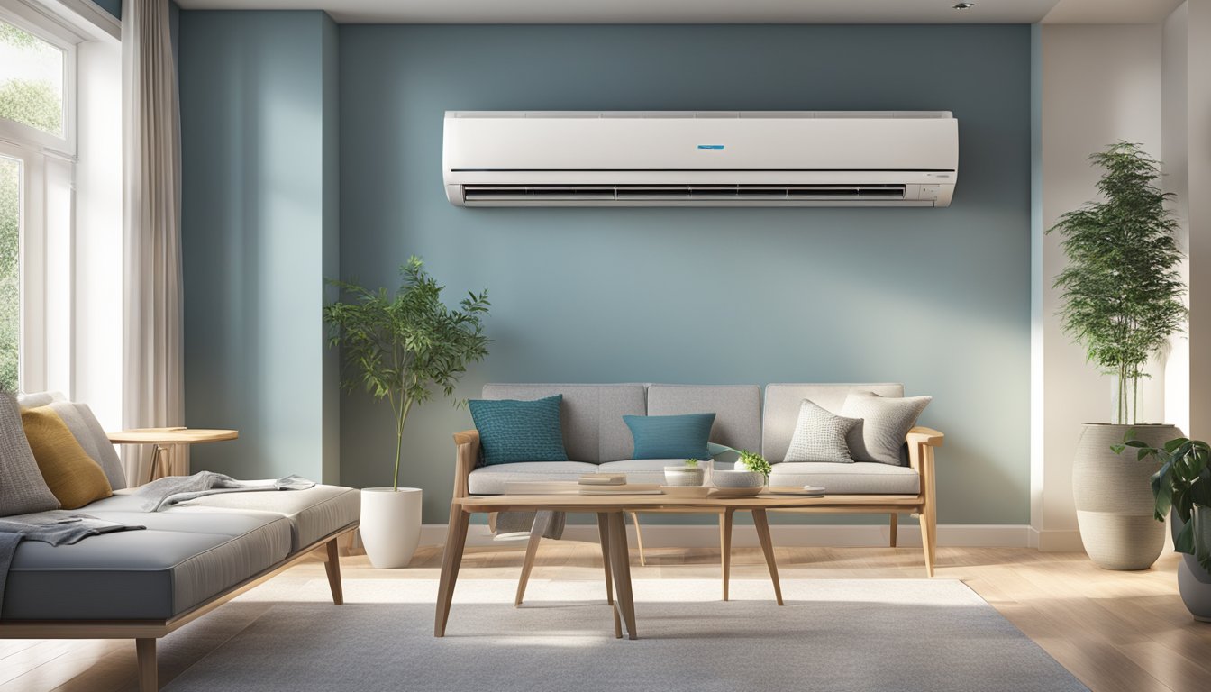 A Daikin split system air conditioner mounted on a wall, with cool air flowing from the unit and spreading throughout the room