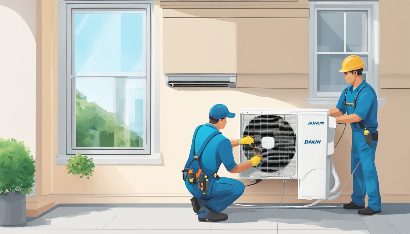 A technician installs a Daikin split system air conditioner, connecting the indoor and outdoor units with refrigerant lines and electrical wiring