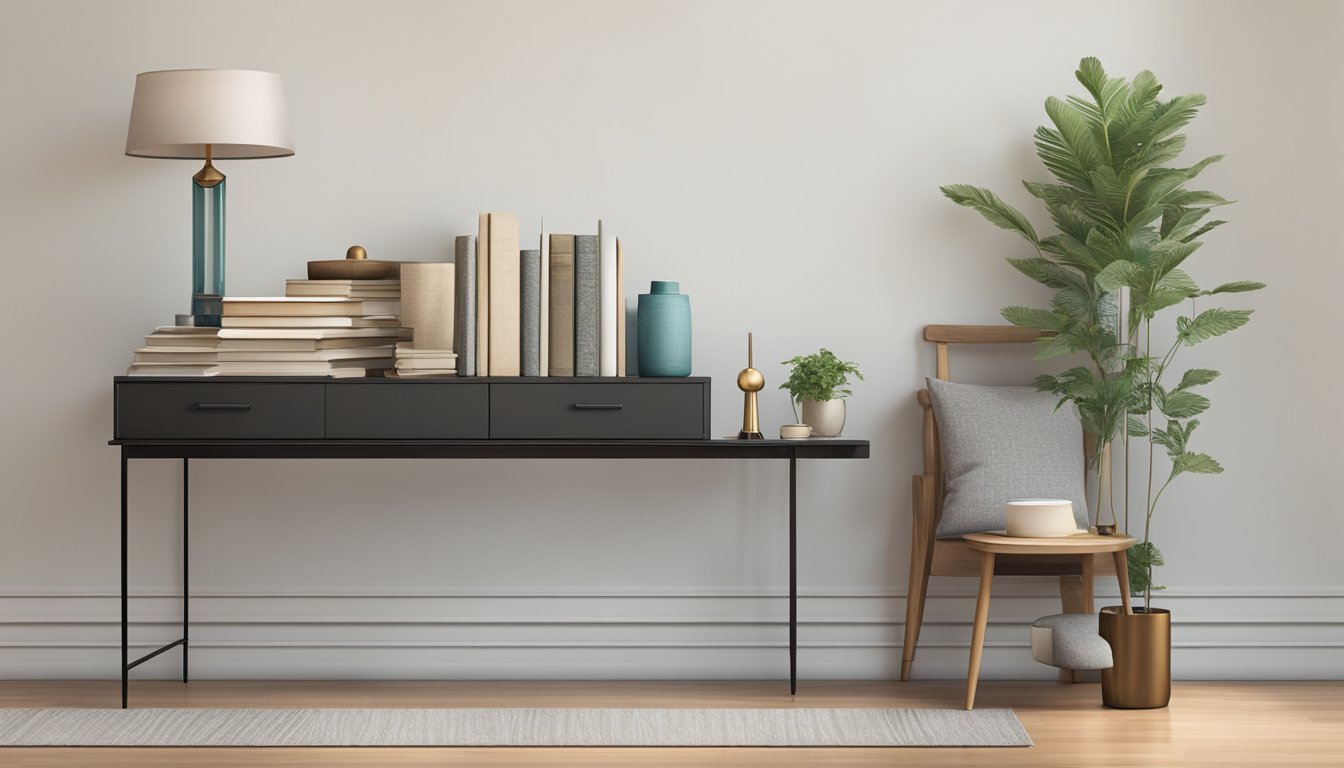 A long side table with storage sits against the wall, holding books and decorative items