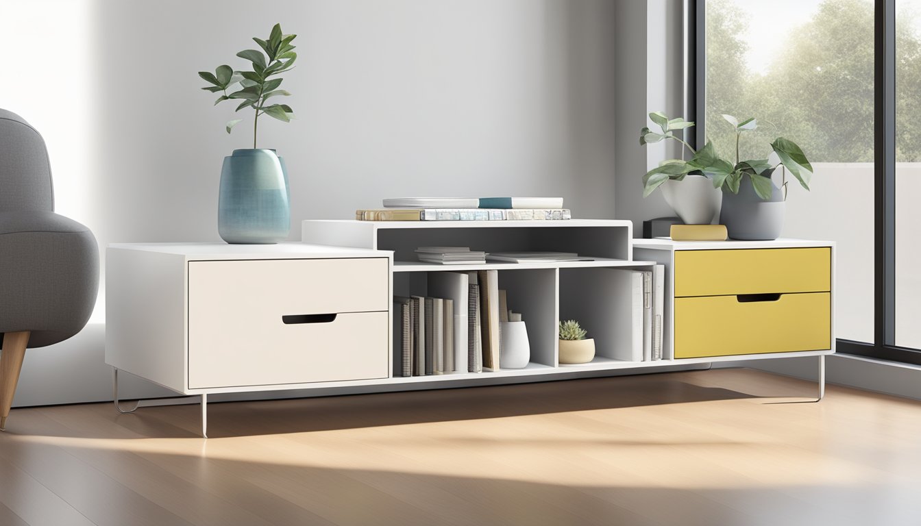 A sleek, modern long side table with built-in storage compartments, featuring clean lines and a minimalist design