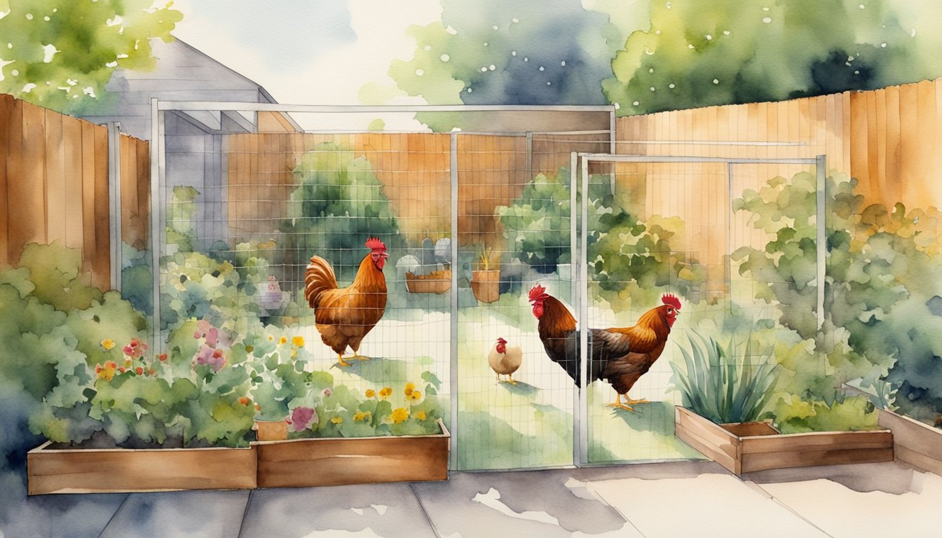 Chickens roam freely in a modern urban backyard, surrounded by sustainable gardening practices and a coop designed for their comfort and safety