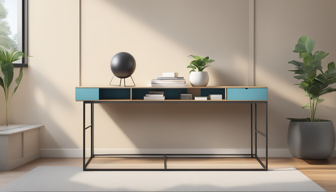 A sleek, modern long side table with built-in storage compartments, placed in a well-lit room with minimalist decor