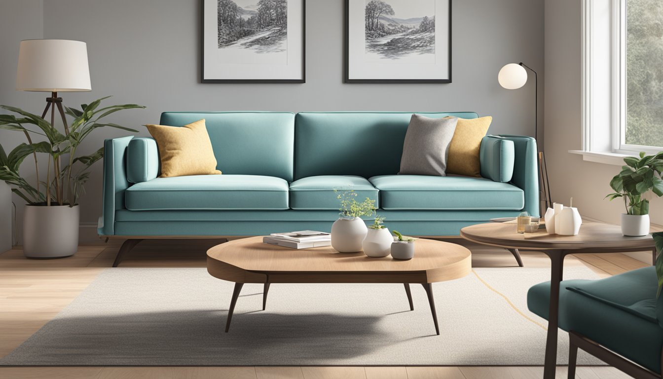 A 3-seater sofa sits in a well-lit room, with a price tag displayed prominently