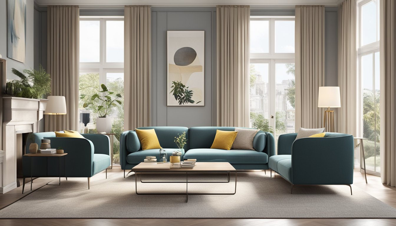 A 3-seater sofa sits in a modern living room, surrounded by elegant decor and natural lighting. The price tag is visibly attached, reflecting the influence of factors such as material, design, and brand