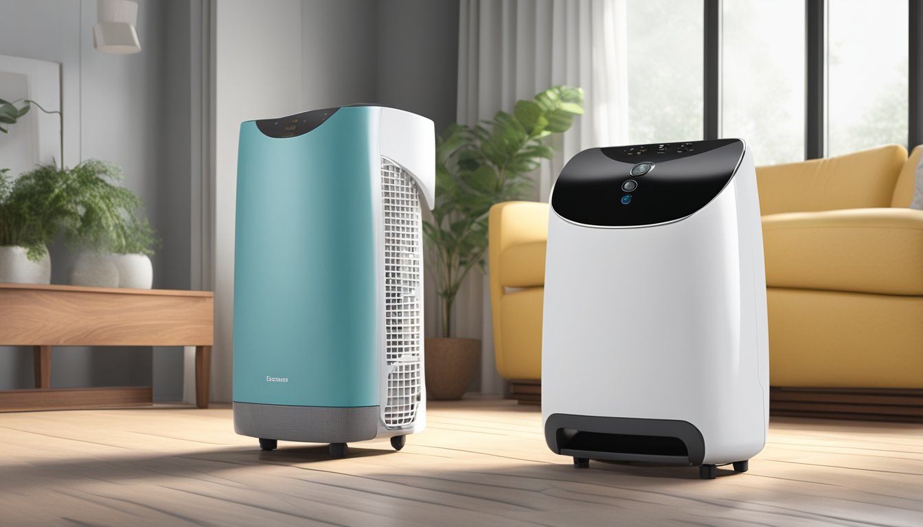 A dehumidifier and diffuser sit side by side, emitting contrasting streams of air. The dehumidifier pulls in moisture, while the diffuser releases fragrant mist