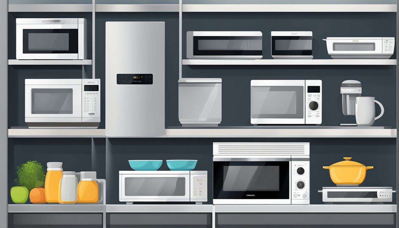 A variety of microwave oven sizes and dimensions arranged on a shelf