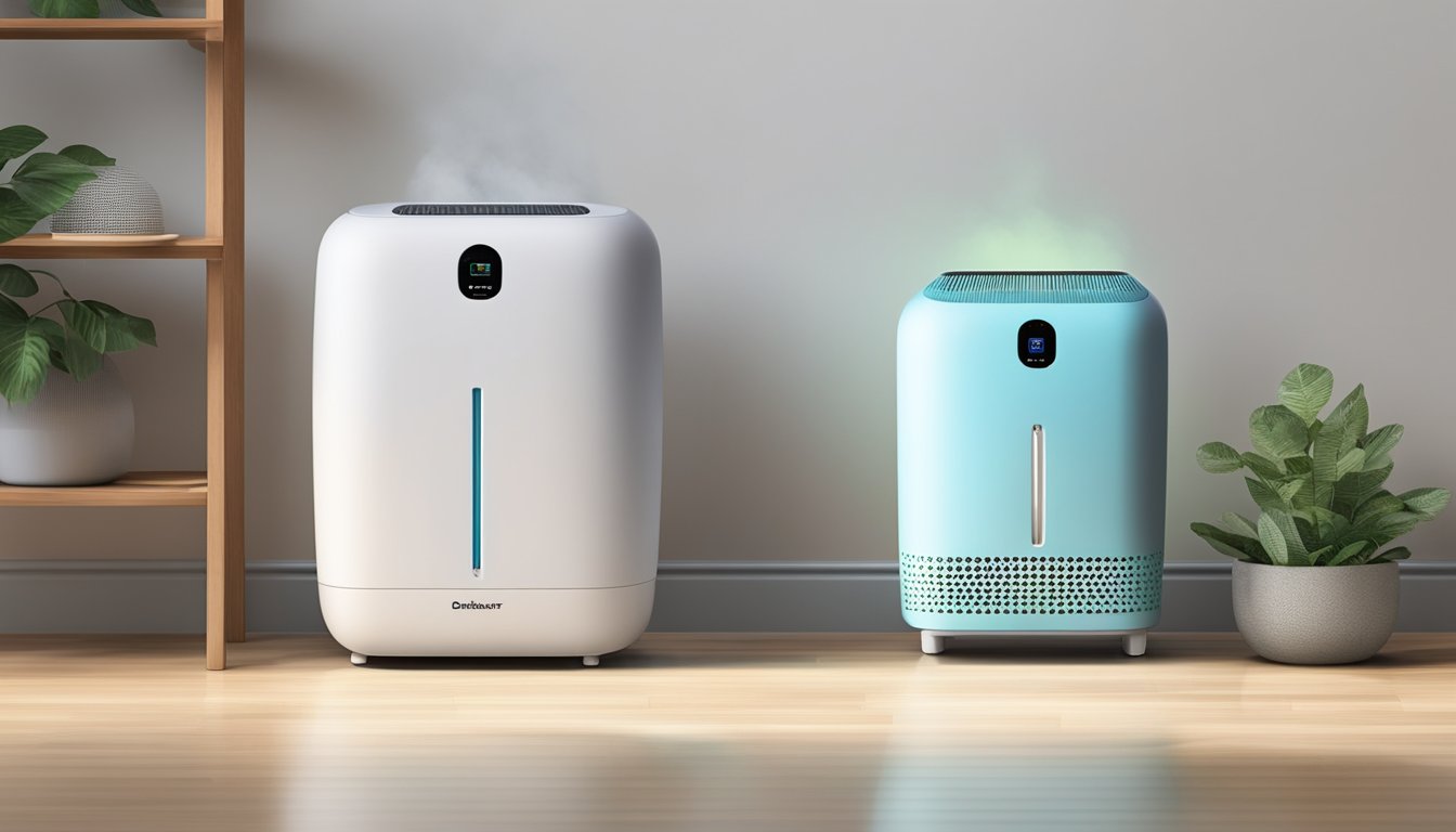 A dehumidifier and diffuser sit side by side, each emitting a different type of air. The dehumidifier pulls moisture from the air, while the diffuser releases a scented mist