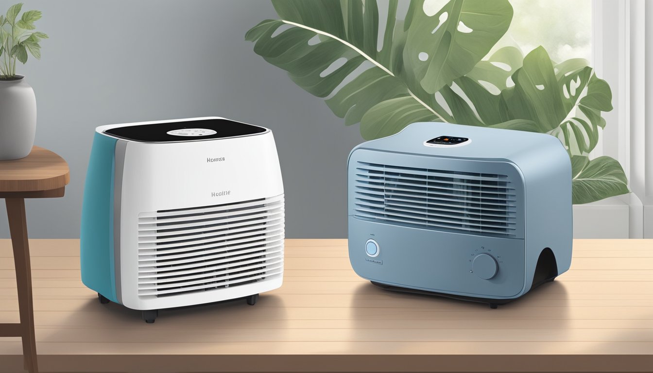 A dehumidifier and diffuser sit side by side, contrasting in size and function. The dehumidifier hums quietly, while the diffuser emits a soft, fragrant mist