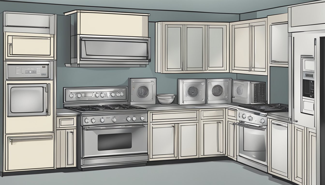 A variety of microwave oven sizes and dimensions are displayed, with emphasis on installation and ventilation considerations