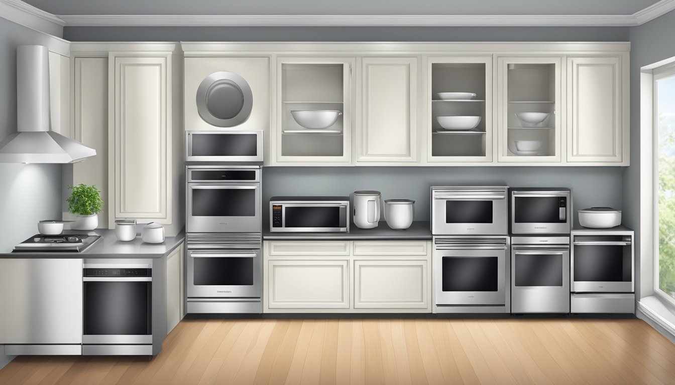 A variety of microwave ovens in different sizes and dimensions arranged neatly on a display shelf