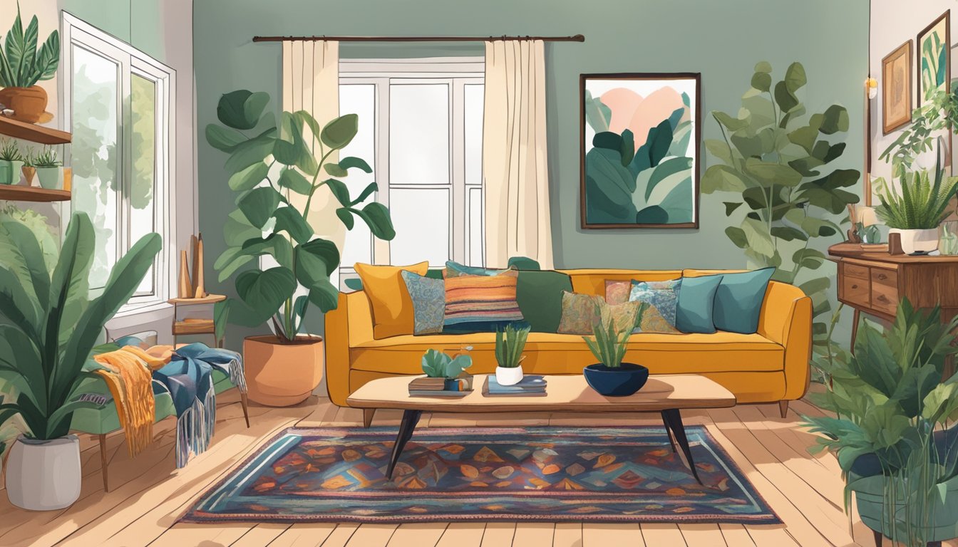 A cozy living room with colorful, mismatched furniture, layered rugs, and eclectic decor. Plants, tapestries, and vintage accents add to the bohemian vibe