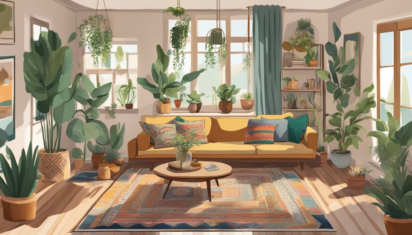 A cozy bohemian living room with colorful rugs, floor cushions, hanging plants, and vintage decor. A mix of patterns and textures creates a relaxed and eclectic atmosphere