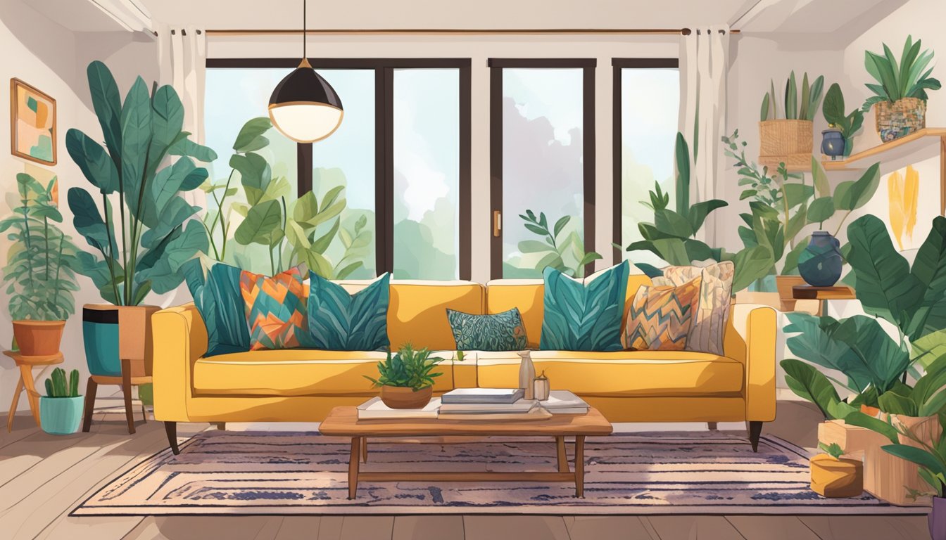 A cozy living room with eclectic furniture, vibrant colors, and mixed patterns. Plants and artwork adorn the walls, creating a relaxed and artistic atmosphere