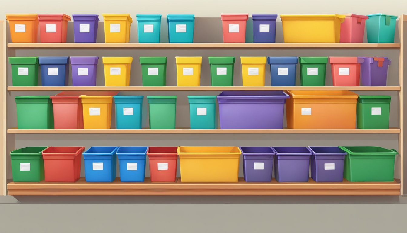 A stack of colorful bins with price tags displayed on a shelf