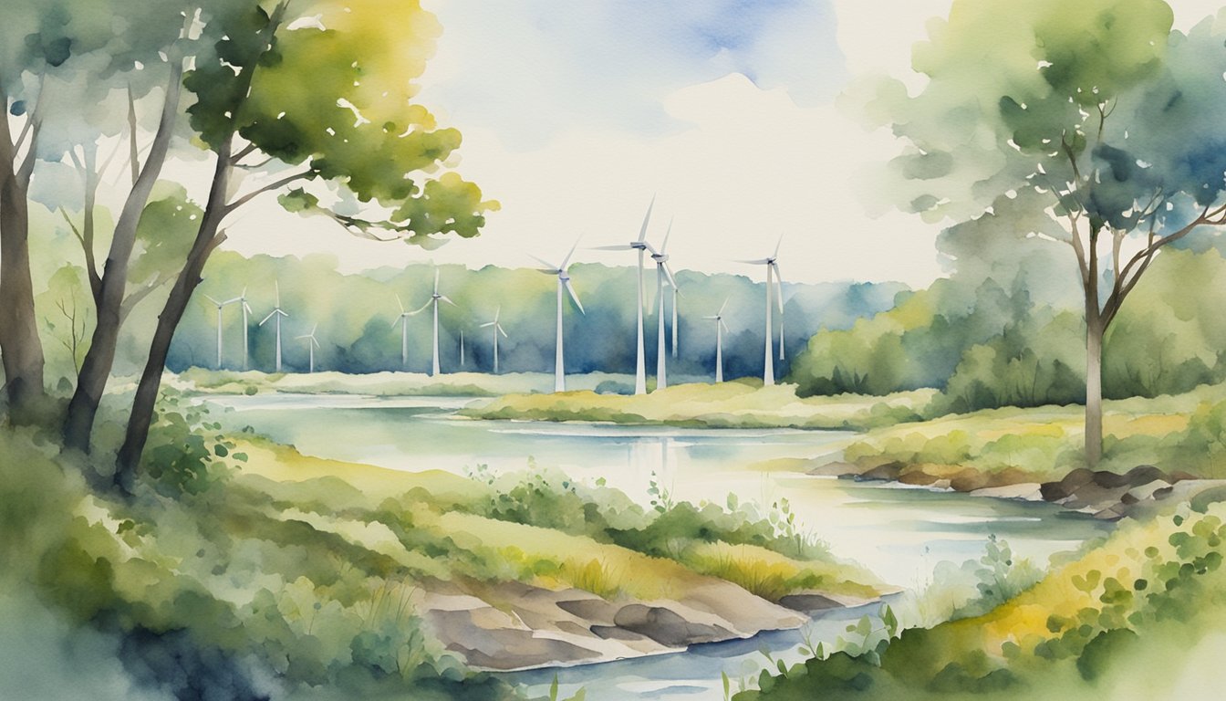 A lush forest with diverse wildlife, a clear river, and a wind farm on the horizon