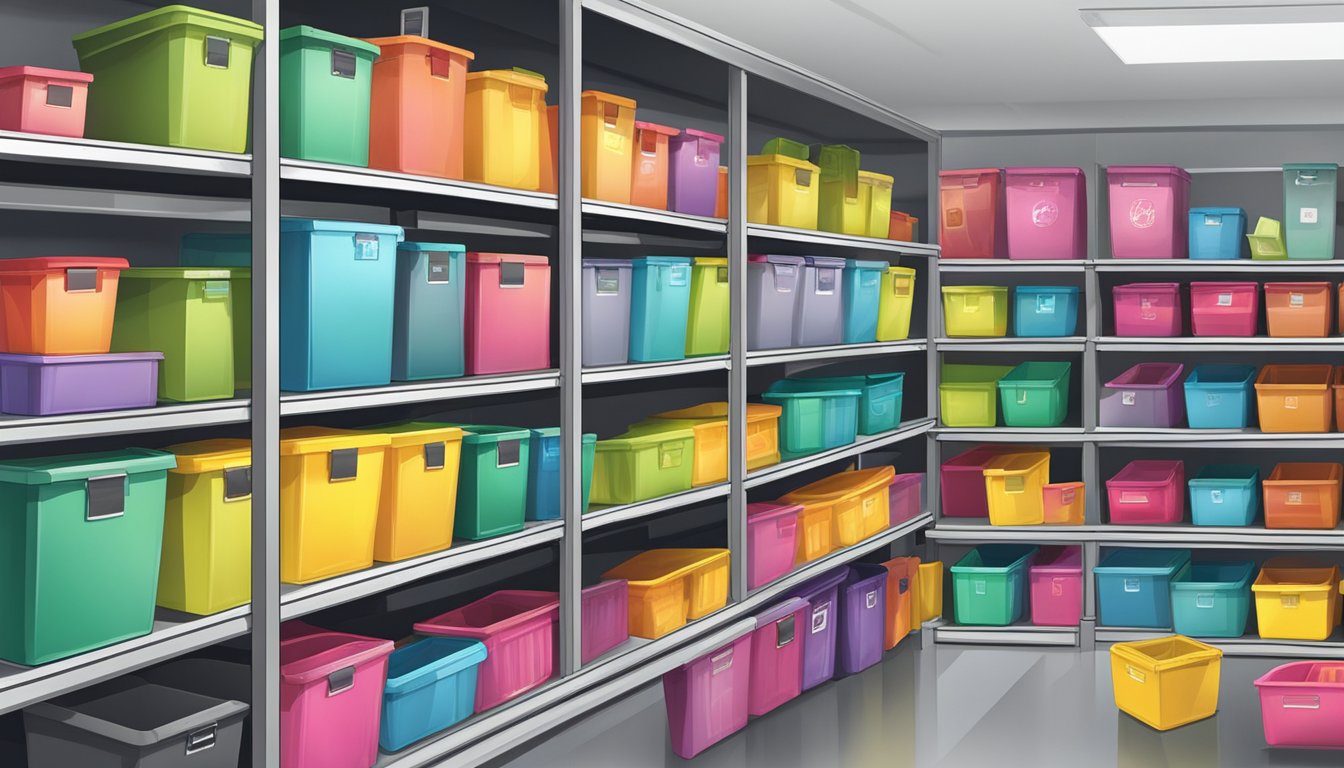 Bins of various sizes and colors arranged on shelves, with price tags displayed prominently