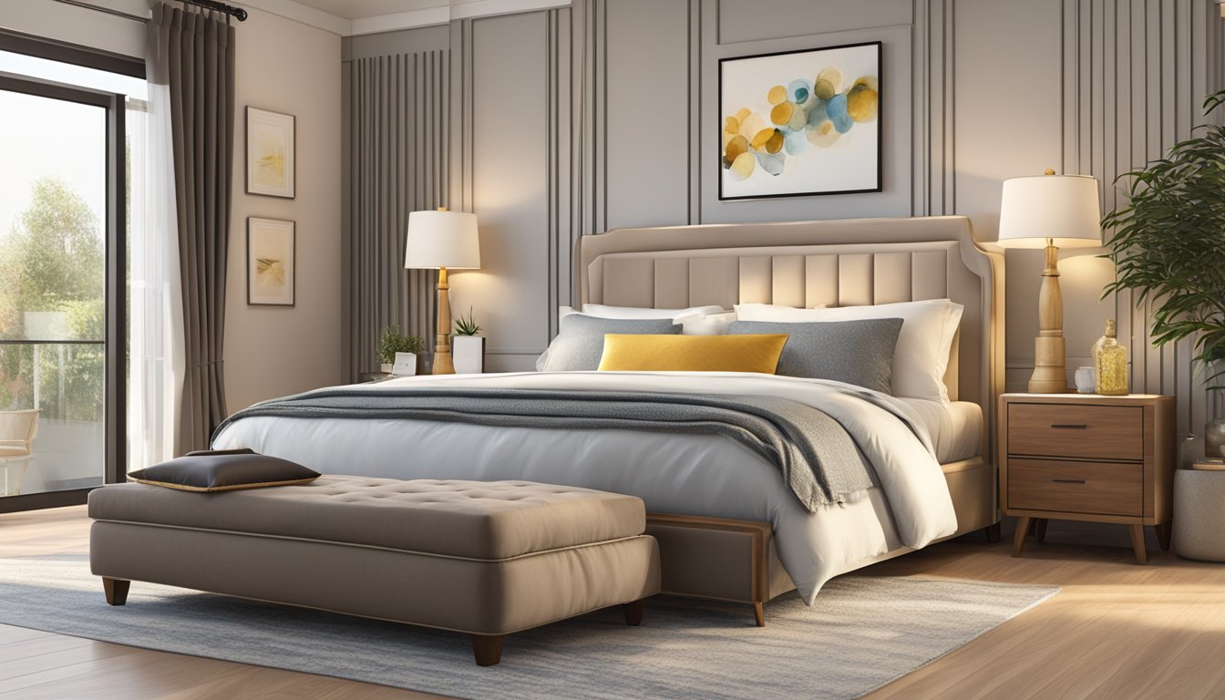 A queen size ottoman bed sits in a spacious bedroom, adorned with plush pillows and a cozy duvet. The room is bathed in warm, natural light, casting a soft glow on the inviting bed