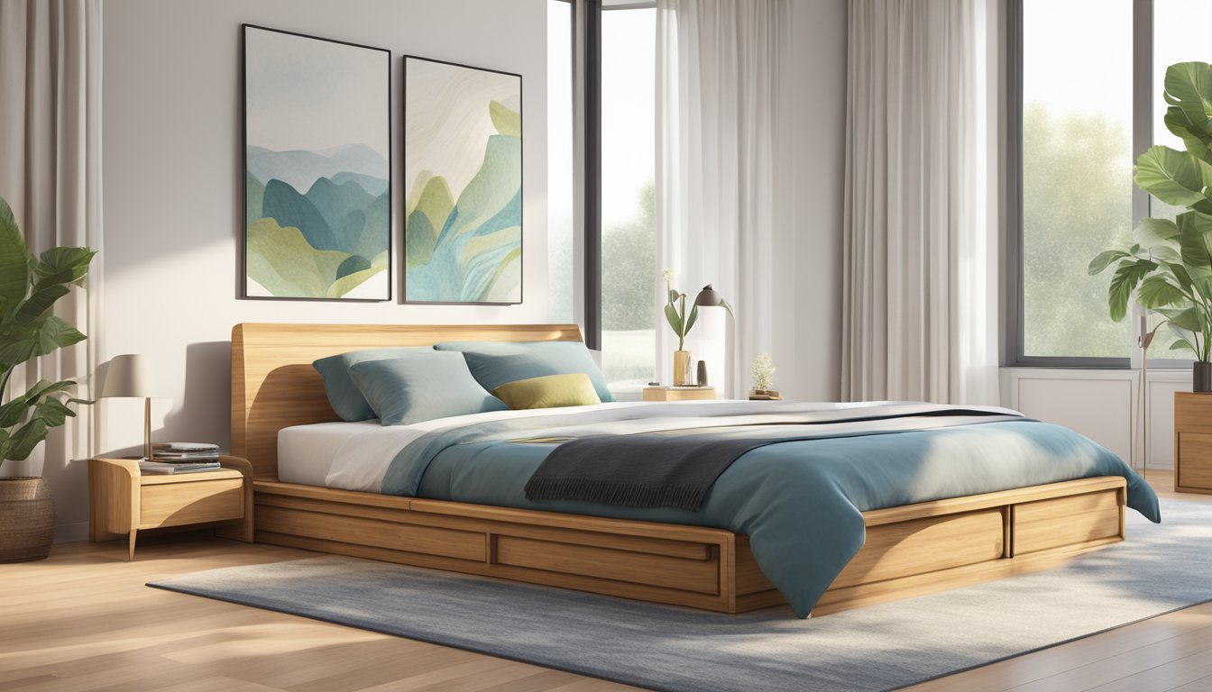 A sleek, modern queen size ottoman bed with a minimalist design, made from sustainable materials like bamboo or reclaimed wood, positioned in a bright, airy bedroom with large windows and eco-friendly decor