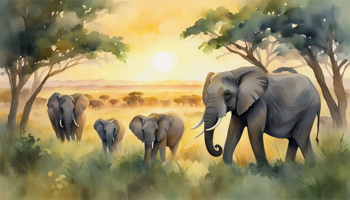 A herd of modern elephants roam through a lush, green savanna, their large ears flapping as they walk.</p><p>The sun sets behind them, casting a warm glow over the landscape