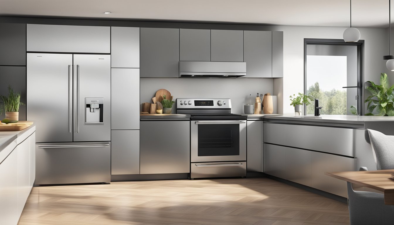 A shiny new fridge stands in a modern kitchen, its sleek design and stainless steel finish catching the light. The door is closed, but the interior light is on, hinting at the cool, fresh space inside