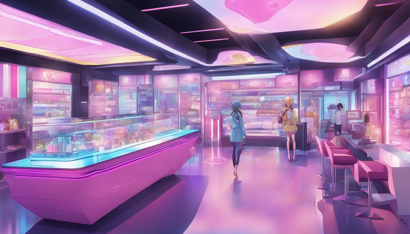 A futuristic showroom displaying cutting-edge sex doll designs and interactive purchasing interfaces