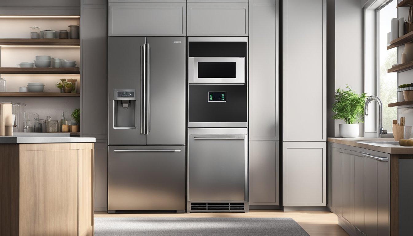 A sleek, stainless steel fridge stands in a modern kitchen, its doors open to reveal spacious shelves and a digital display