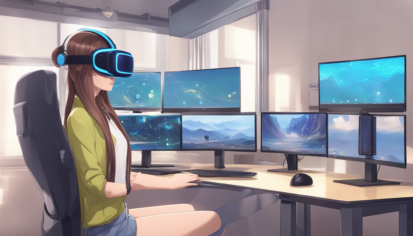 A customer using a virtual reality interface to customize their ideal sex doll, with a focus on user-friendly design and seamless purchasing process