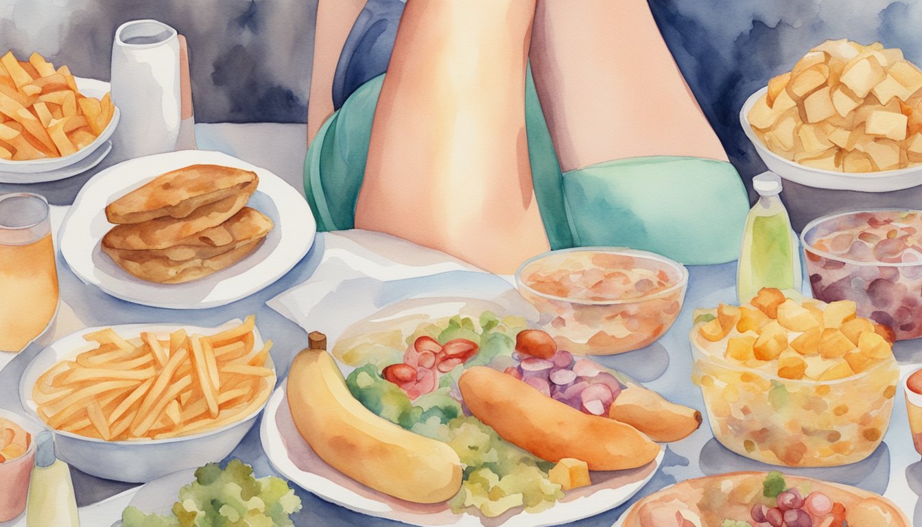 A woman's thighs and buttocks surrounded by unhealthy food and a sedentary lifestyle