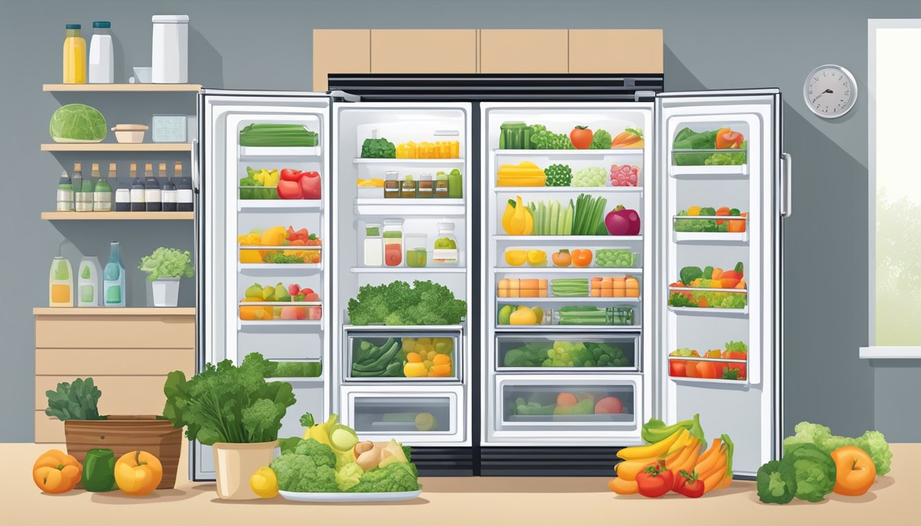 A clean, organized fridge with stocked shelves and crisp produce. The temperature dial set to recommended levels. A maintenance schedule displayed on the door