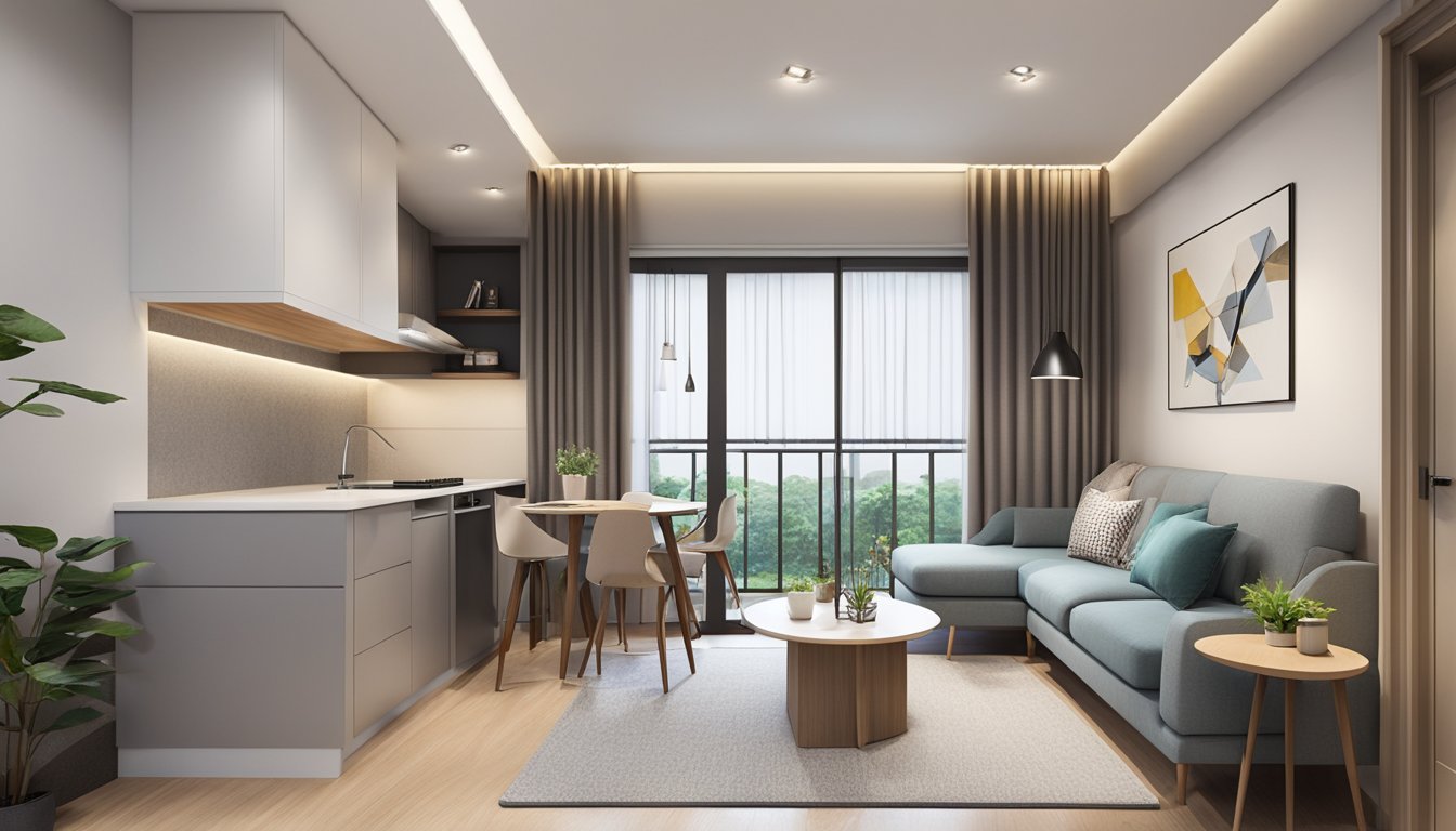 A newly renovated 2-room HDB BTO with modern furnishings and sleek design, featuring a spacious living area, a cozy bedroom, and a functional kitchen