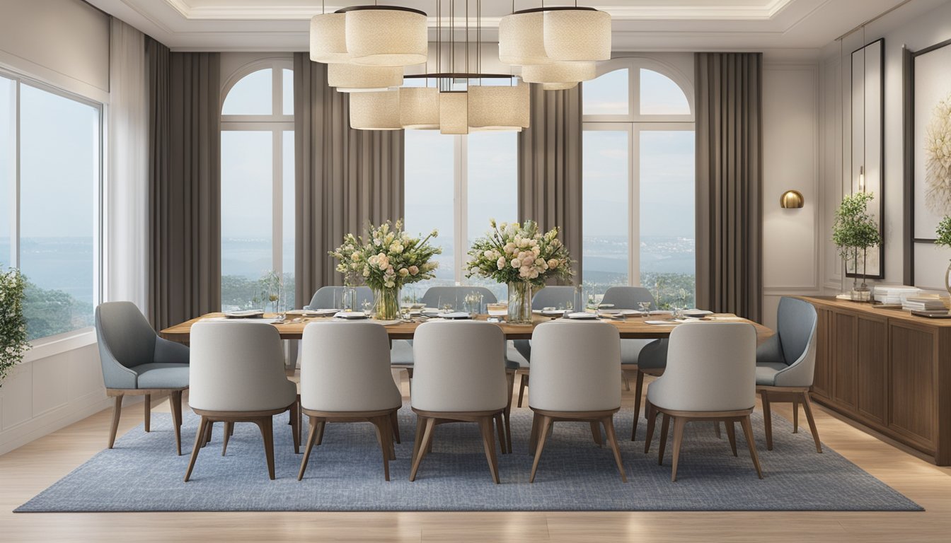 A dining table in Singapore set for sale, with elegant place settings and a centerpiece, surrounded by comfortable chairs