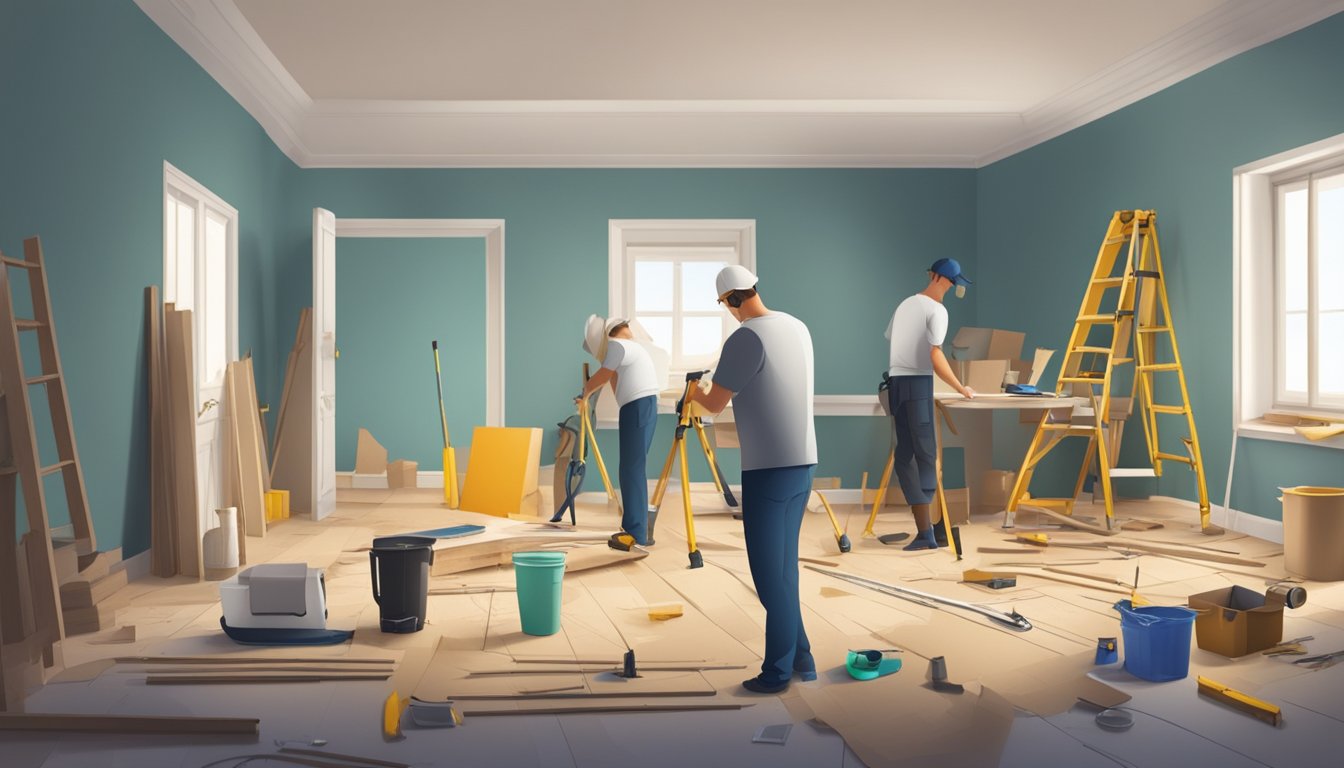 A room with bare walls and floors, tools and materials scattered around, workers measuring and planning the renovation process