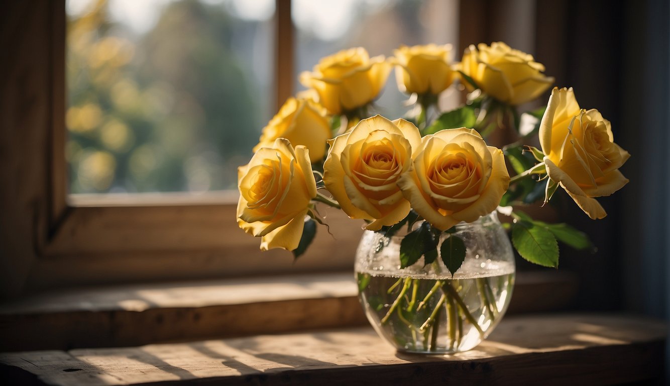 Yellow roses arranged in a vase on a rustic wooden table, with soft natural light streaming in from a nearby window