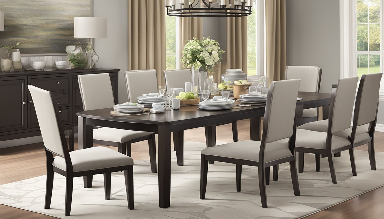 A dining table set displayed in a well-lit showroom with various styles and designs. Price tags are prominently displayed next to each set