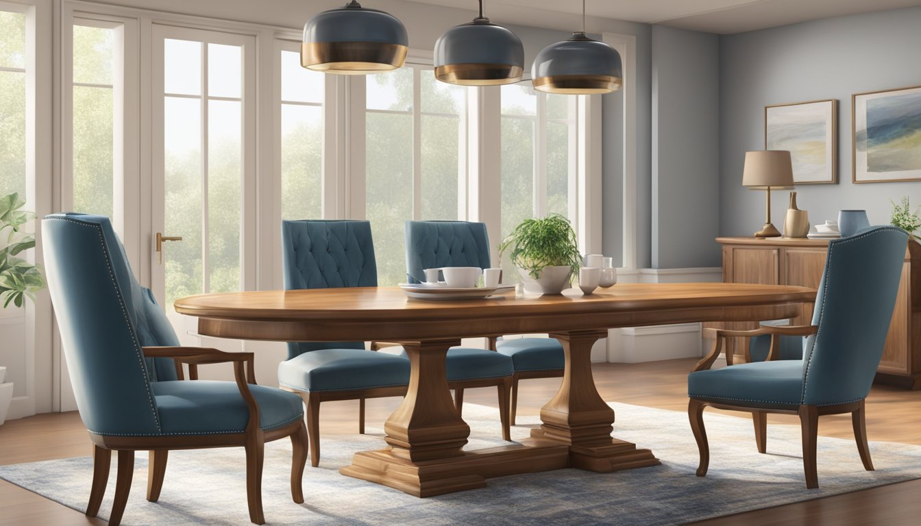 A dining table is being polished and protected with a clear coat to ensure its longevity. The table is surrounded by chairs and placed in a well-lit room