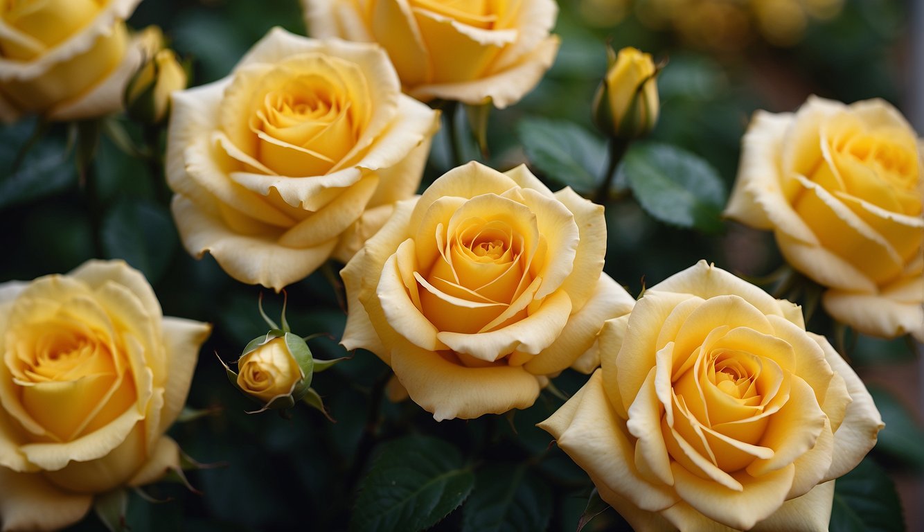 A variety of yellow roses arranged in a garden, symbolizing joy and friendship