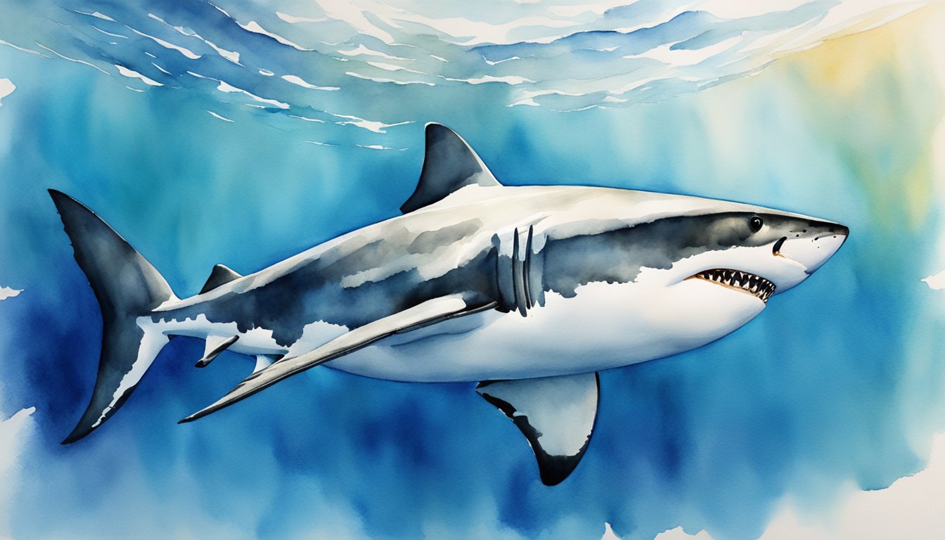 The great white shark patrols the clear, blue waters, its massive size and powerful presence dominating the ocean depths