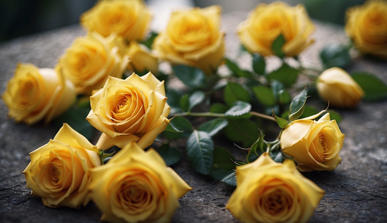 Yellow roses surrounded by cultural symbols, evoking connotations and perceptions