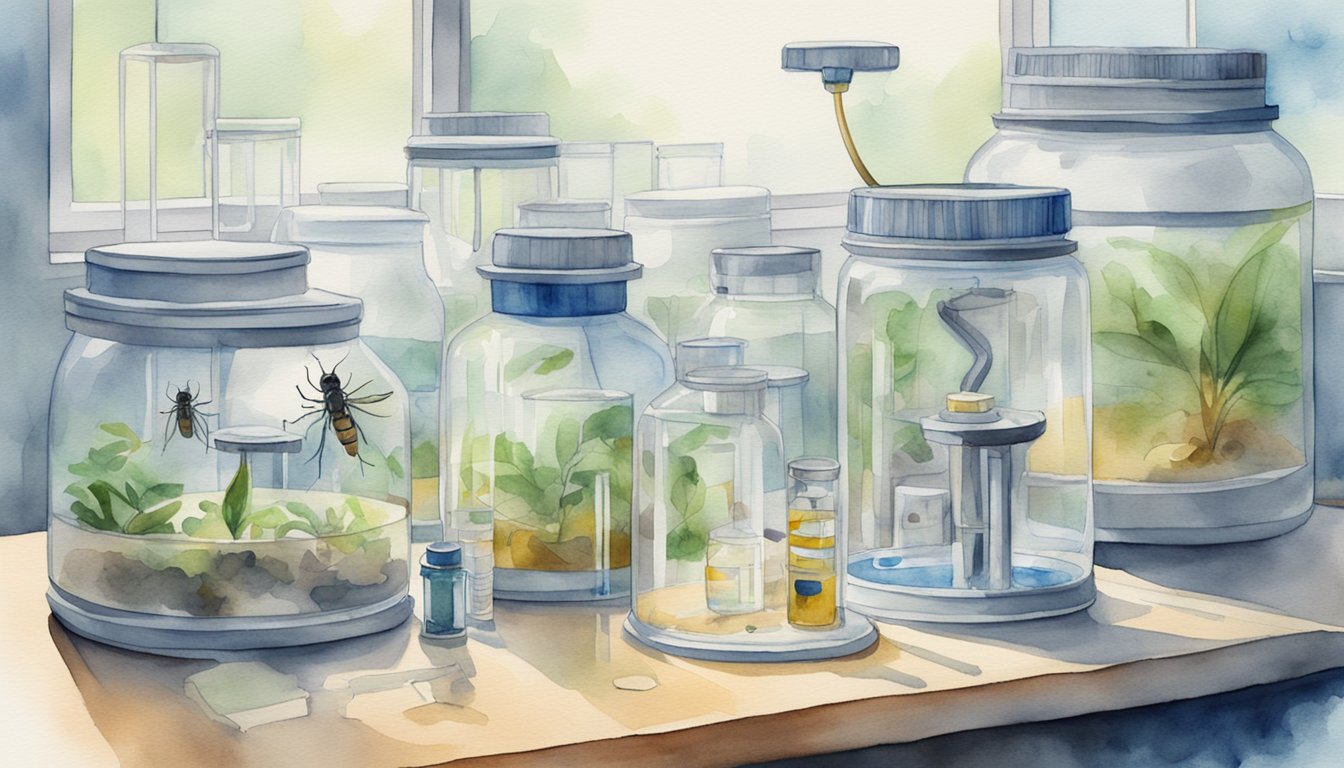 A lab setting with a mosquito trapped in a container, surrounded by equipment for CRISPR gene editing and control strategies