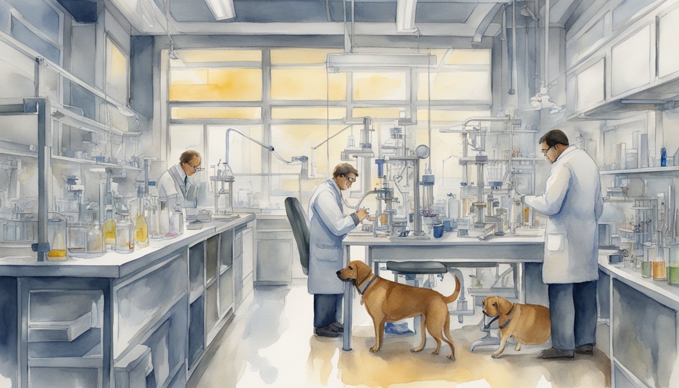 A dog in a research lab, surrounded by scientists and equipment, displaying symptoms of schizophrenia