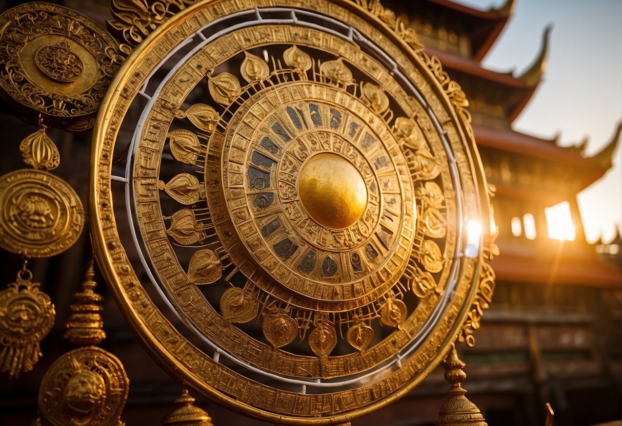 A golden sun radiates warmth over a traditional Thai calendar, adorned with intricate designs and symbols representing the solar system
