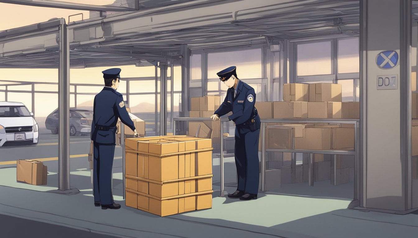 A customs officer inspects a crate labeled "sex dolls" at a border checkpoint. Documents are reviewed, and the officer stamps the approval for import/export